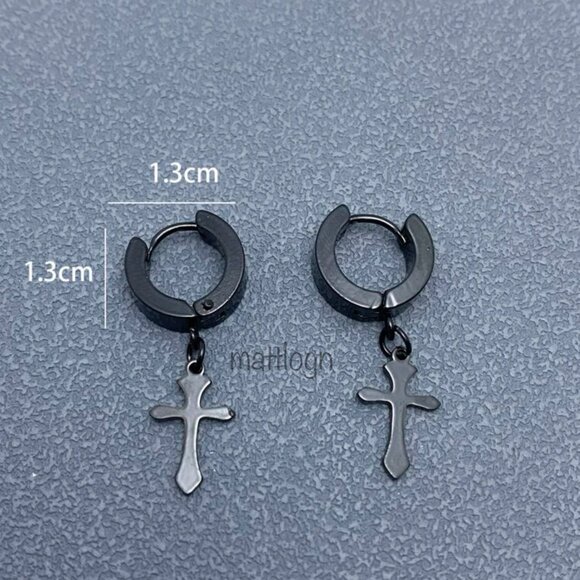 Stainless Steel Black Cross Drop Dangle Hoop Earrings Men Women NWT - Picture 2 of 3